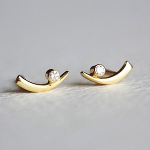 Dainty diamond earrings, Second hole earrings, Gold curved bar earrings, Delicate stud earrings