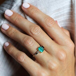 Large emerald diamond Ring, Emerald Cut Emerald Diamond Ring in Yellow Gold, 18k Yellow gold Diamond Ring, Emerald Engagement image 2