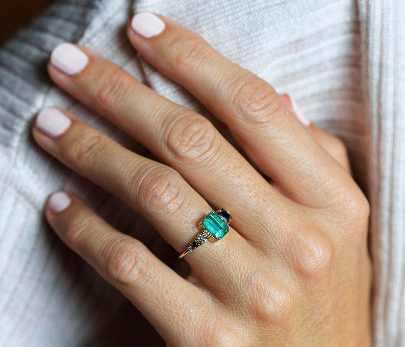Large emerald diamond Ring, Emerald Cut Emerald Diamond Ring in Yellow Gold, 18k Yellow gold Diamond Ring, Emerald Engagement image 2