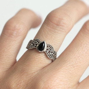 Black Spinel Ring, Gold Filigree Ring, Rose Gold Lace Ring, White Gold Engagement Ring, Non Diamond Ring, Vintage Ring, 14k Rose Gold image 1