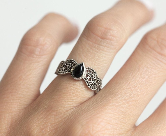 Black Spinel Ring, Gold Filigree Ring, Rose Gold Lace Ring, White Gold Engagement Ring, Non Diamond Ring, Vintage Ring, 14k Rose Gold