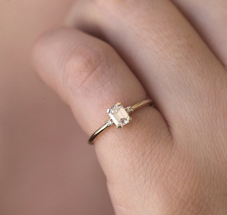 Diamond engagement ring, Emerald cut ring, Three stone ring, Simple gold ring, GIA diamond ring image 3