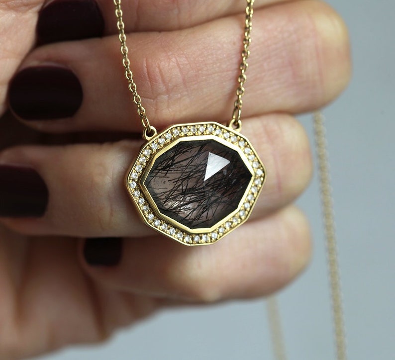 Halo Diamond Necklace, OOAK Gemstone Necklace, Black Rutilated Quartz Necklace, Unique Anniversary Necklace image 1