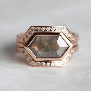 Modern Diamond Ring Set, Unique Bridal Ring Set, Ring Set for Her, Diamond Engagement Ring, Hexagon Diamond Ring Set, Rose Gold Ring Set