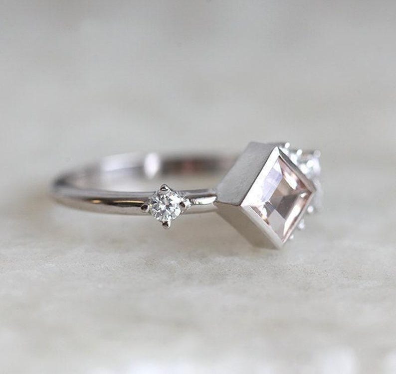 Square Peach Rings Peach Square Morganite & Diamond Engagement Ring, Morganite Cluster ...