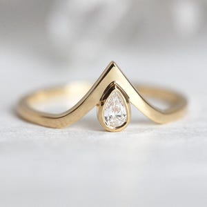 Pear engagement ring, Diamond ring, Small gemstone ring, Tiny v shaped wedding band image 2