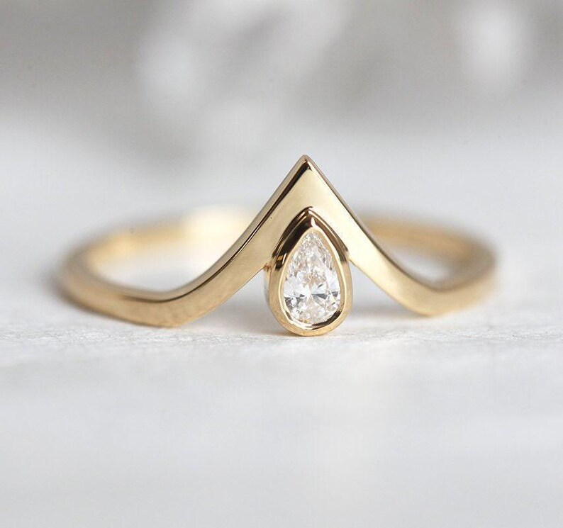 Pear engagement ring, Diamond ring, Small gemstone ring, Tiny v shaped wedding band image 2
