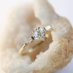 Diamond cluster ring, Hexagon diamond ring with side baguette diamonds image 6
