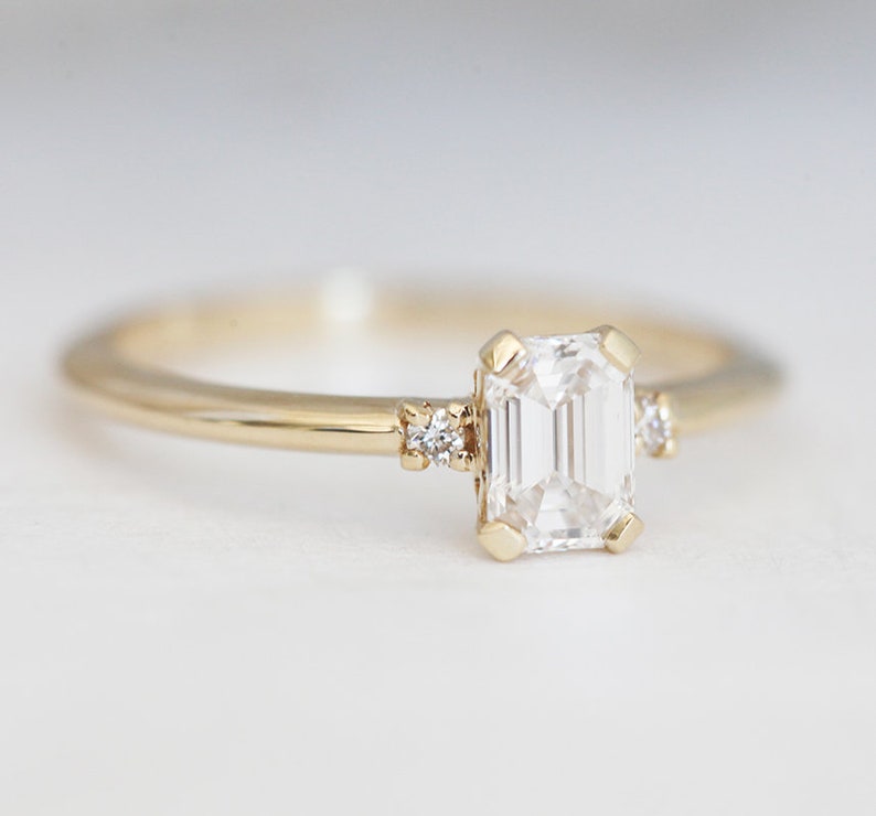 Diamond engagement ring, Emerald cut ring, Three stone ring, Simple gold ring, GIA diamond ring image 2