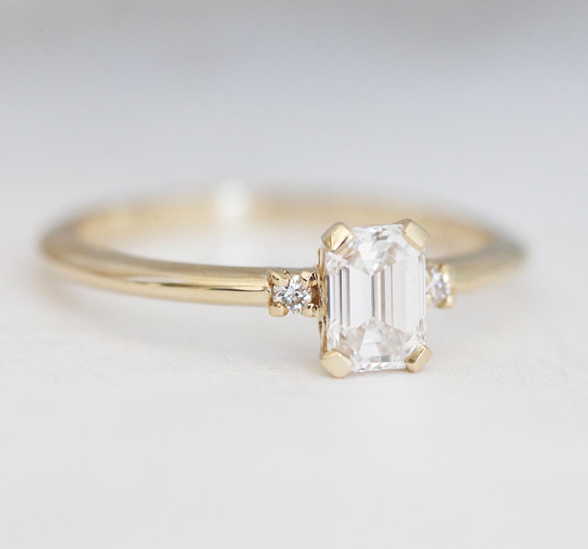 Emerald Diamond Ring Yellow Gold Simple Diamond Engagement | Etsy