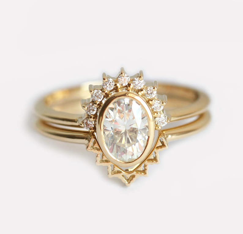 Oval Diamond Ring, Diamond Engagement Ring With Oval Cut Diamond Half Halo and curved gold Lace band image 1