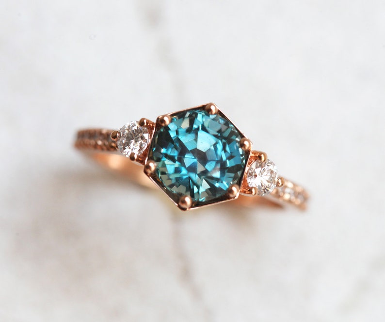Hexagon Sapphire Engagement Ring, Teal Blue Sapphire Diamond Ring, Round Sapphire ring with side diamonds, 2ct Sapphire Ring image 5