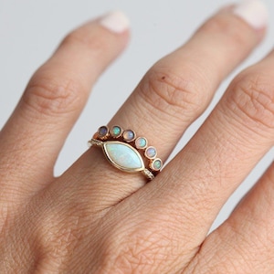 Opal wedding band, or engagement set, Curved stacking ring, Marquise opal & diamond ring, Rose gold ring