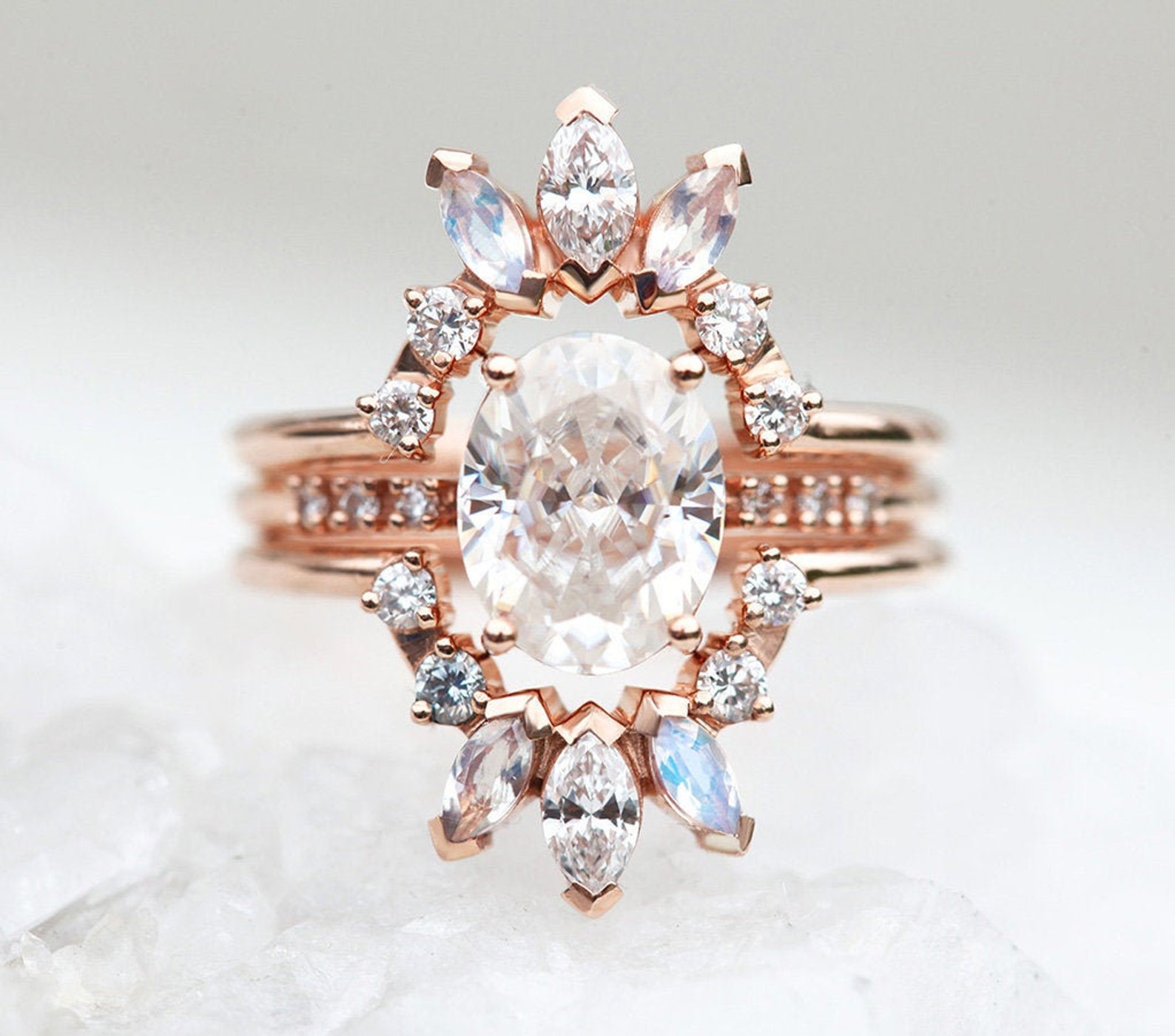 Ice Engagement Ring Set Unique Moissanite Ring Set Oval Etsy