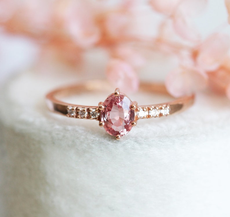 Padparadscha Sapphire Ring Rose Gold, Peach Sapphire Ring With Diamonds, Simple Sapphire Ring image 7