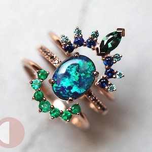Black Opal engagement ring set, Lightning ridge opal ring, Blue lagoon set