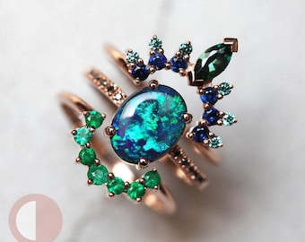 Black Opal engagement ring set, Lightning ridge opal ring, Blue lagoon set