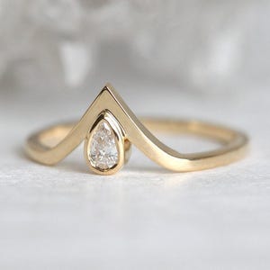Pear engagement ring, Diamond ring, Small gemstone ring, Tiny v shaped wedding band image 3