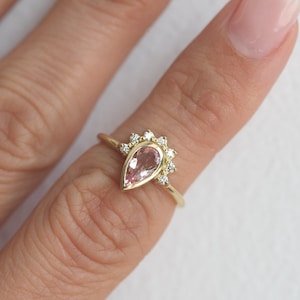Pear peach sapphire ring, Tiara sapphire engagement ring image 2