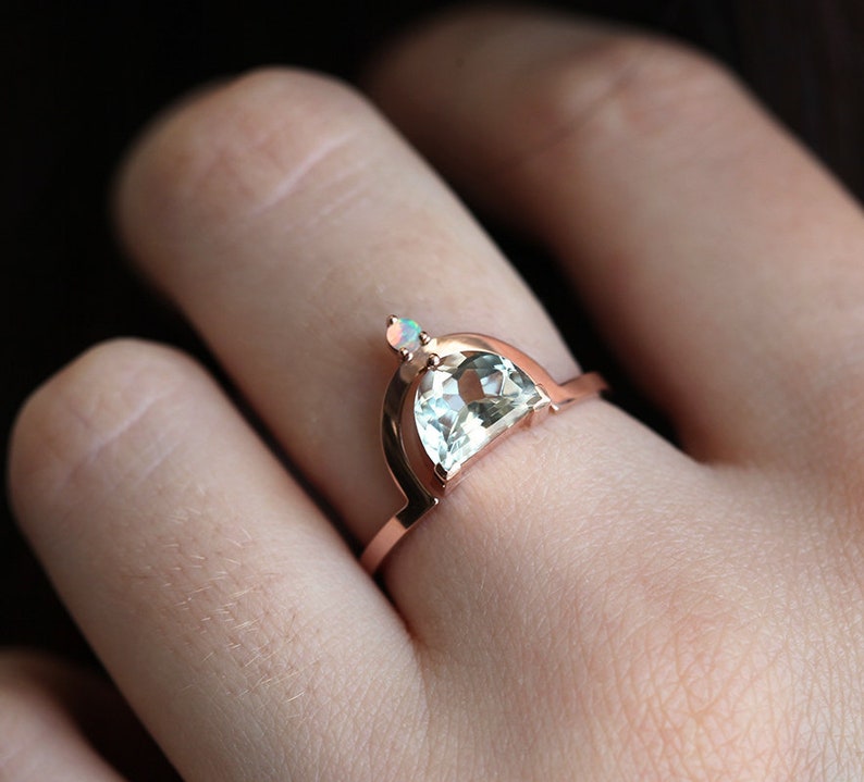 Green amethyst engagement ring, Half moon ring, Unique opal ring, Crescent cut boho ring image 5