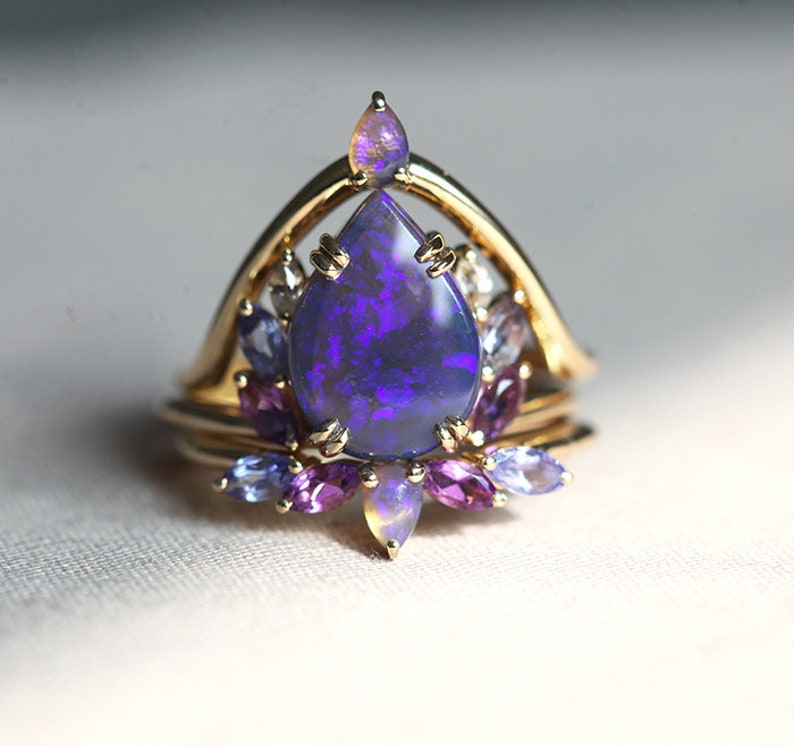 Raiven black opal ring set, Unique purple opal engagement set image 6