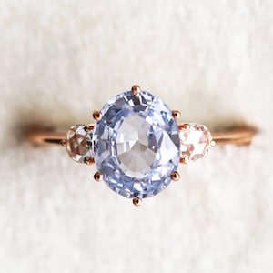 Ceylon Blue Sapphire Engagement Ring, Three stone ring, Round side stone, Oval Blue Lavender Sapphire Ring with Diamonds