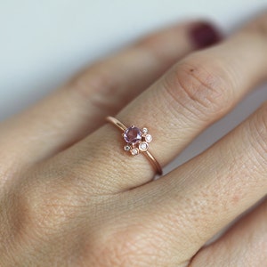 Round Pink Sapphire & Diamond Cluster Ring, Rose Cut Purple Sapphire Ring in 14k Solid Gold image 5