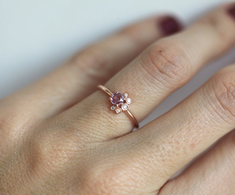 Round Pink Sapphire & Diamond Cluster Ring, Rose Cut Purple Sapphire Ring in 14k Solid Gold image 5