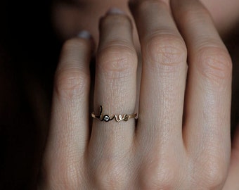 Gold love ring, Diamond name ring, Rose gold ring, Custom lettering ring, Personalized word ring