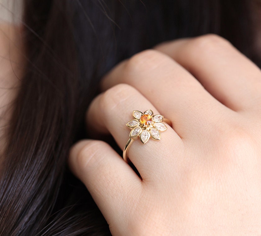 Flower Engagement Ring Floral Daisy Ring With Orange Sapphire and