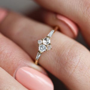 Diamond cluster ring, Hexagon diamond ring with side baguette diamonds image 2