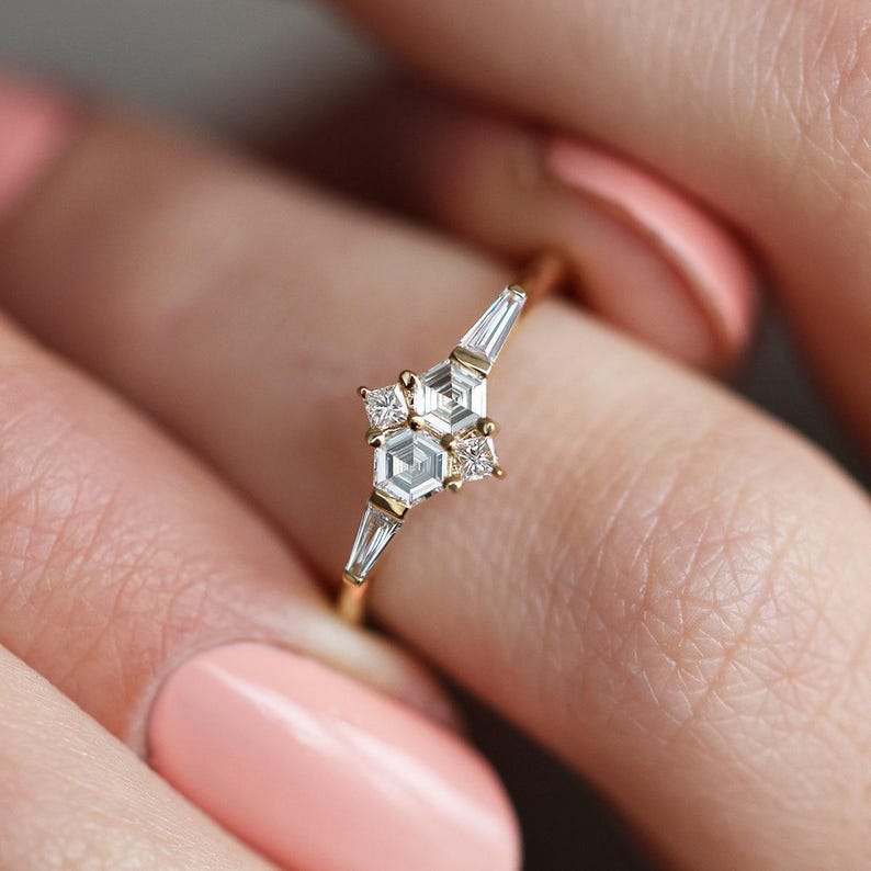 Diamond cluster ring, Hexagon diamond ring with side baguette diamonds image 2