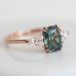 Teal Green Blue Sapphire & Diamond Ring, Cushion Cut Engagement Ring, 14k or 18k Solid Gold image 9