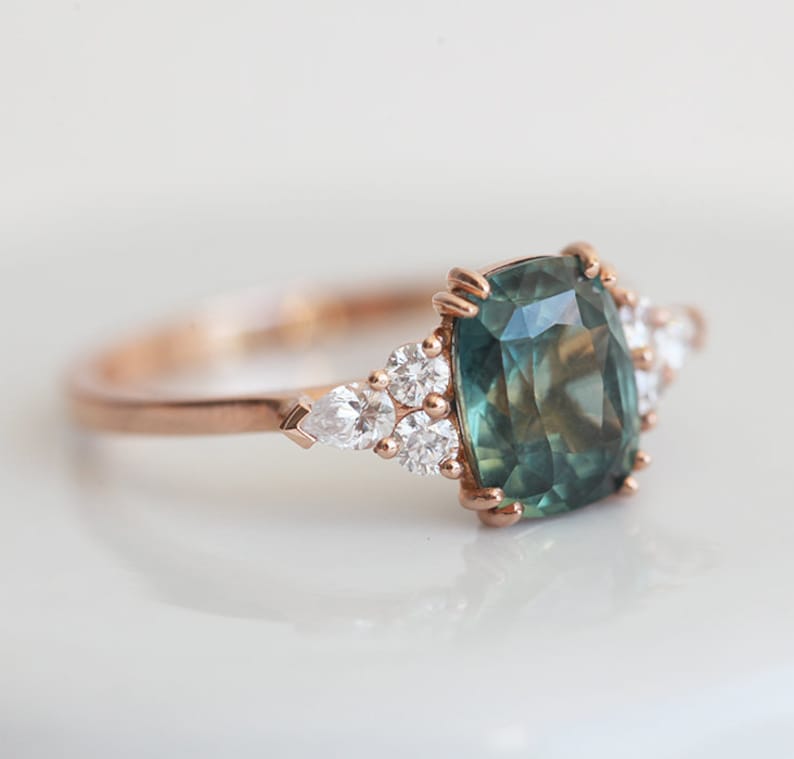 Teal Green Blue Sapphire & Diamond Ring, Cushion Cut Engagement Ring, 14k or 18k Solid Gold image 9
