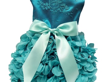 Aqua Satin and Lace Ruffles Dog Dress, Dog Wedding Dress, Pet Clothing, Dog Clothing,