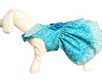 Blue Floral with Blue Lace Dog Dress, Dog Clothing, Dog Wedding Dress, Pet Clothing, Pet Dress