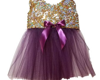 Dog Tutu Dress Gold Sequin with Eggplant Tulle Skirt, Dog Clothing, Dog Wedding Dress, Pet Clothing