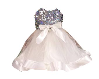 Dog Wedding Dress, Dog Dress, Dog Clothing, Pet Wedding Dress, Pet Clothing-Silver Sequin with Full White Tutu