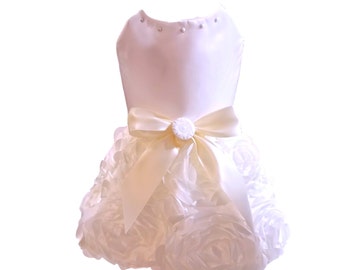 Dog Wedding Dress, Ivory Satin with Rosette Skirt