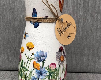 Decoupage Glass Vase,  Summer Wildflowers - Butterflies , Mothers Day , Gift For Birthday Friend Sister , Home Decor , Personalised Message