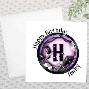 Cartão de aniversário personalizado com tema de jogador, cartão para meninas, sobrinha, sobrinho, filho, filha, amor por jogos, rosa, verde, monograma, alfabeto