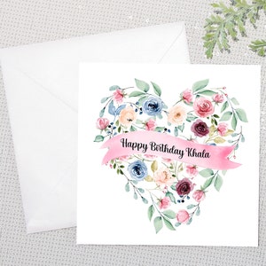 Gepersonaliseerde verjaardagshart - tantekaart - Khala-kaart - kaart voor tante - kaart voor haar - bloemenhart - roze hart - tante verjaardag, Massi