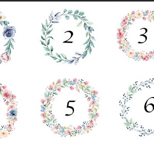 May include: Six watercolor floral wreaths with numbers 1 through 6 in the center. The wreaths are made of pink, blue, and green flowers and leaves.