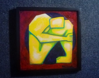 Original Modern Fine Art Oil Painting. Framed, Square, Cubist, Surreal figure. Primary colors, Yellow, red and Blue.