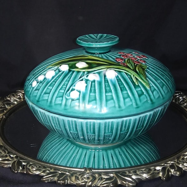 Vintage Schramberg, Germany, Majolica green ceramic 2 piece lidded dish with Lily of the Valley floral pattern. Free Shipping!