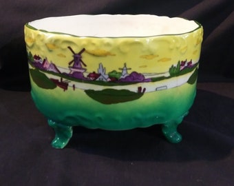 Antique Haynes Ware "Holland Sunset" Footed round porcelain planter yellow, green, and purple scene with windmills. Free Shipping!