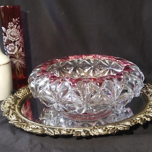 Tiffin glass, Williamsburg Ruby Flashed cupped console bowl. Rare iridescent pink rim and foot. Free Shipping!