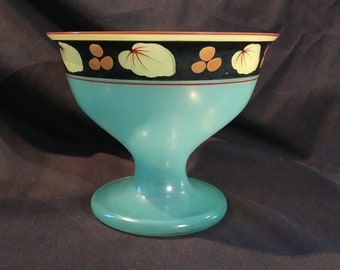 Unusual Green Glass pedestal bowl with yellow leaf pattern rim. Pretty Vintage decor! Free shipping!