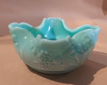 Rare Fostoria aqua milk glass trinket dish. Small, square shaped. Pale blue green. Grapes and leaves pattern. Hard to find. Free Shipping!