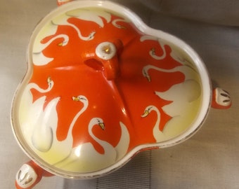 Unique 3 section divided porcelain dish with lid. Orange and white. Made in Japan. Swans and dragons. 3 toed candy bowl. Free Shipping!